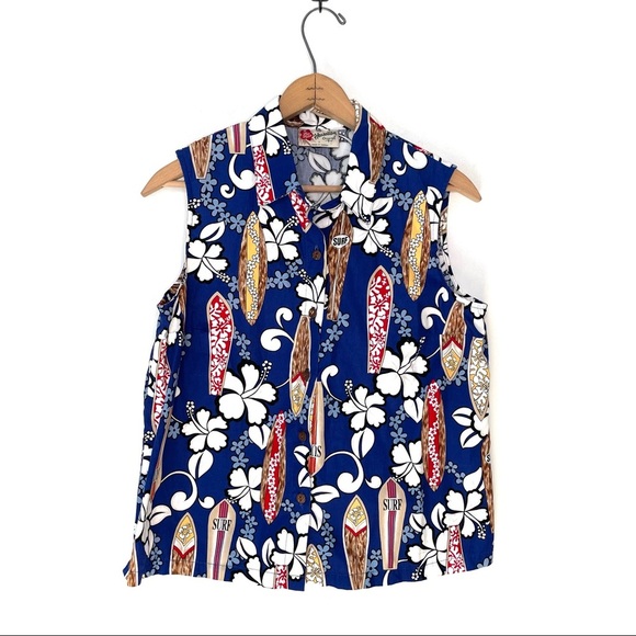 Hilo Hattie The Hawaiian Original Floral Surfboard Sleeveless Button Down Shirt - Picture 1 of 6